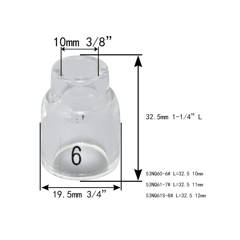 RIVERWELD TIG Glass Cups Clear Quartz Nozzle 53N60 6# 3/8"" 9.5mm, 53N61 7# 7/16"" 11.00mm, 53N61S 8# 1/2"" 12.5mm Assorted kit for SR WP 9 17 18 20 25 26 TIG Welding Torches Pack of 3 - Image 2